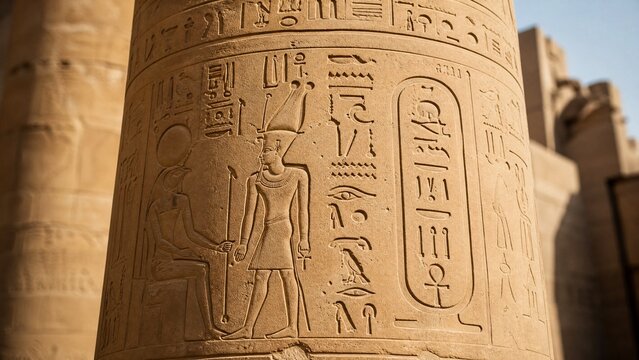 A massive sandstone column with detailed hieroglyphic carvings.
