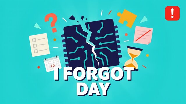 I forgot day concept illustration with cracked microchip, hourglass, calendar, and checklist on a teal background