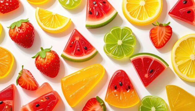 Vibrant fruit gummy candies arranged in a colorful, juicy mosaic showcasing their appetizing textures and flavors