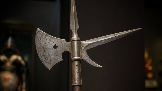 A medieval halberd with axe blade and spear point, displayed in museum lighting.