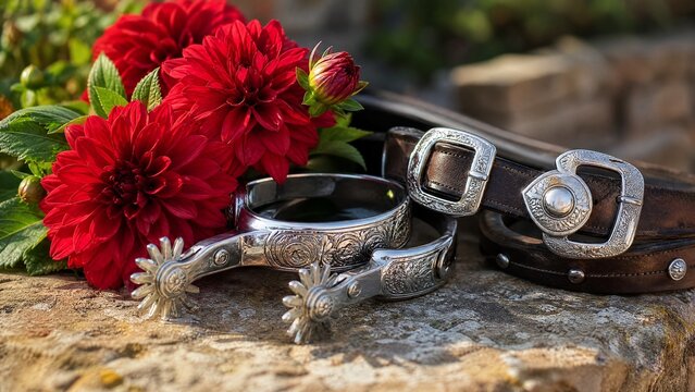 Silver spurs and bridle buckles beside vibrant red dahlias in bloom.
