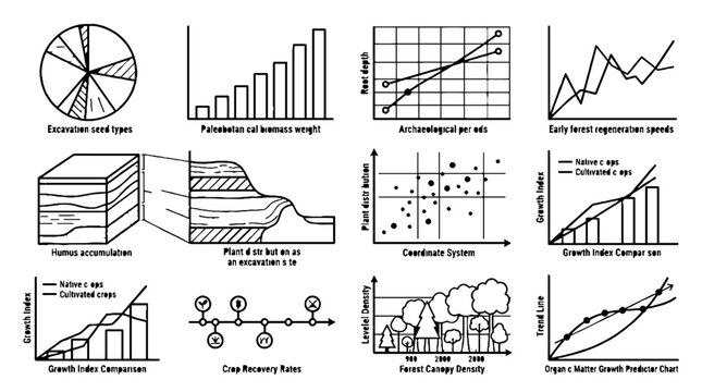 Collection of scientific data charts and business infographics in black and white sketch style.