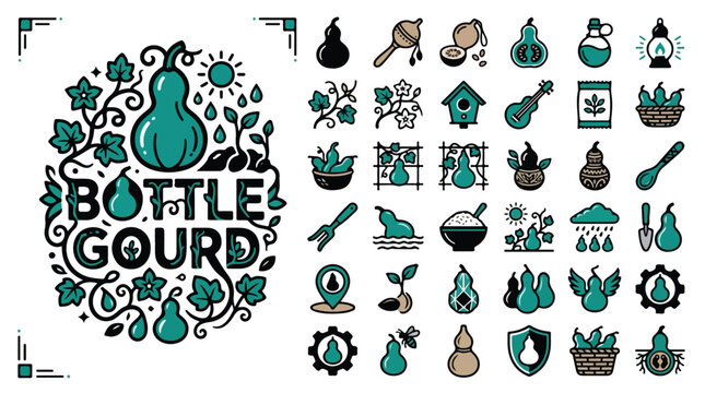 Bottle gourd icon set, calabash vegetable vector collection, agricultural farming symbols and gardening elements, organic food line art icons