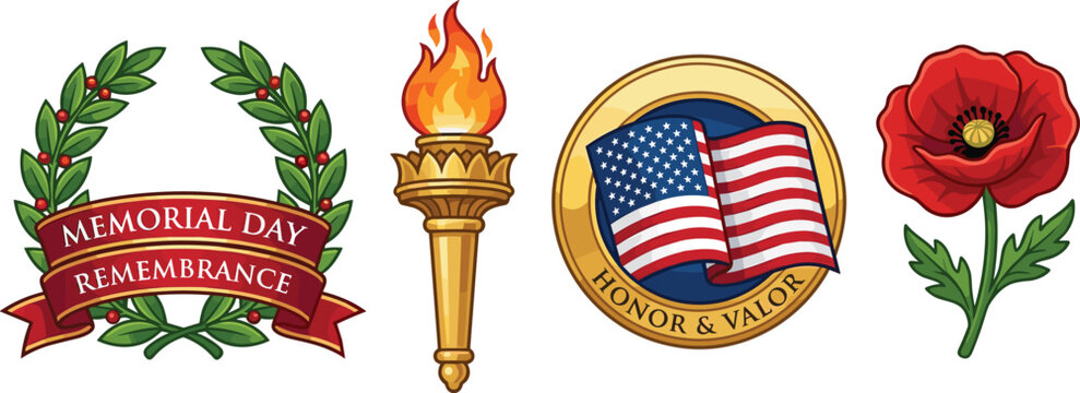 Memorial day remembrance vector icon collection with laurel wreath red ribbon burning torch honor valor american flag badge and poppy flower illustration