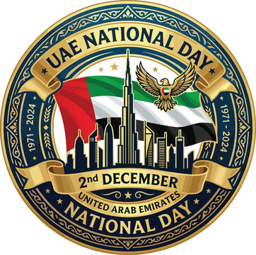UAE national day luxury circular seal emblem vector featuring golden ribbon banner waving flag falcon crest and Dubai skyline illustration with Burj Khalifa