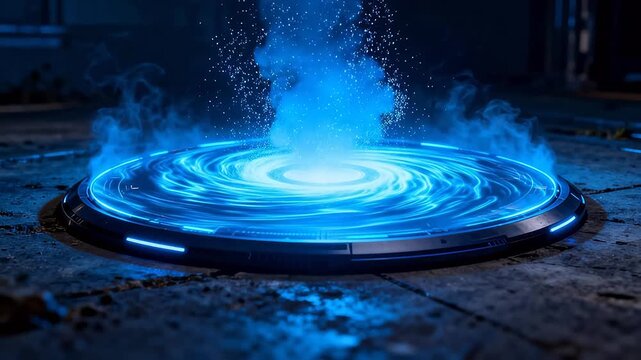 Circular tech device with blue spiral light and smoke