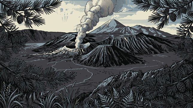Giant Dinosaur Kaiju Attacking Volcanic Eruption Vector Illustration.