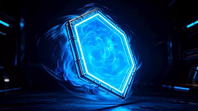 Blue glowing hexagonal frame with rotating smoke energy in dark technology background