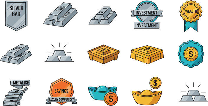 Silver Bullion and Wealth Investment Icons Vector Set with Precious Metal Assets