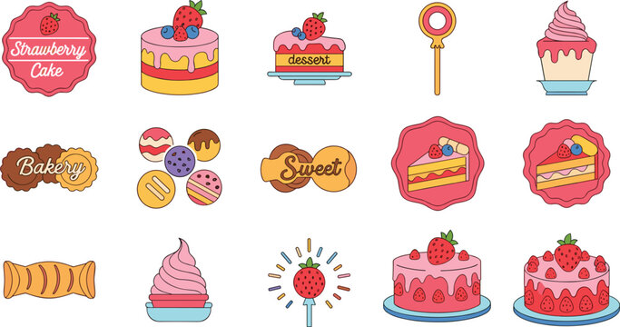 Strawberry Dessert and Sweet Bakery Vector Collection with Cakes and Candy