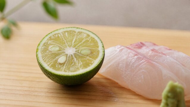 A halved sudachi fruit on a Japanese cutting board next to a piece of sashimi.