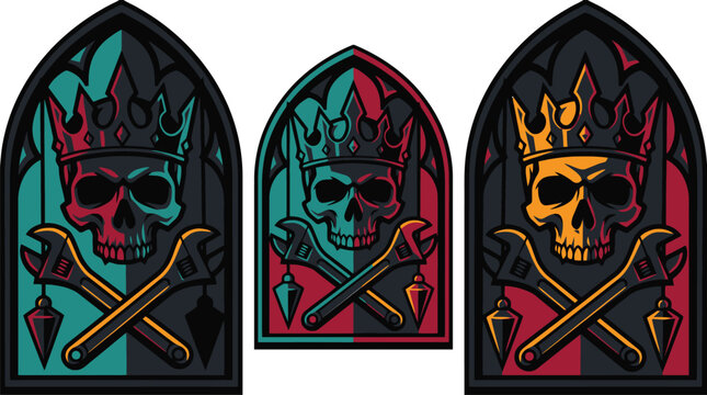 Gothic skull emblem set with crossed swords vector illustration.