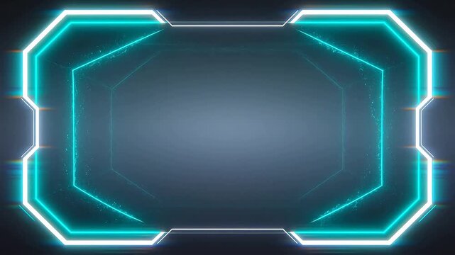 Irregular polygon frame with blue neon glowing edges on dark gradient background