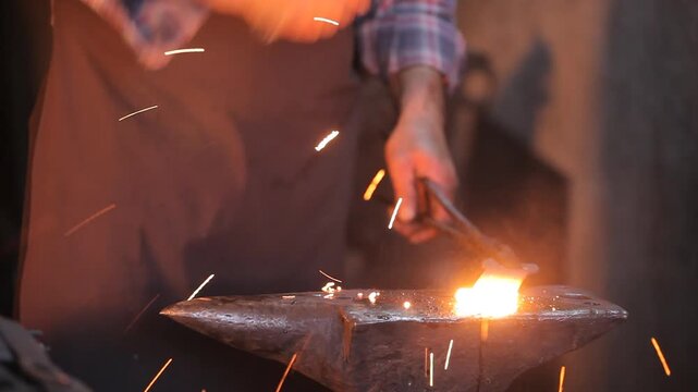 Close-up shot of a blacksmith hammering a glowing red-hot piece of metal on an anvil, creating bright sparks.