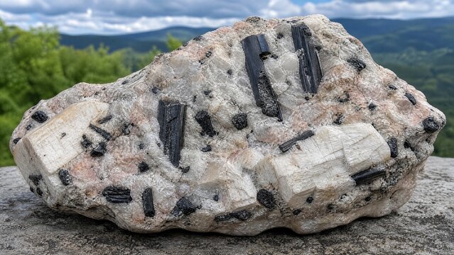Granite pegmatite specimen with black tourmaline and white feldspar crystals.