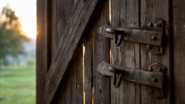 Weathered wooden barn door with aged metal hasps in morning light.