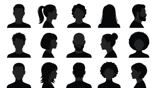 Diverse collection of black silhouette headshot vector illustrations showing various hairstyles for professional user profile icons