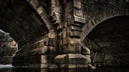 Naklejka premium Underside of an ancient stone arch bridge with massive interlocking blocks and dramatic light.
