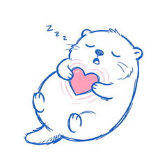 Fototapeta premium Cute Sleeping Otter Holding Heart: A charming, hand-drawn illustration of a plump otter, fast asleep and clutching a pink heart to its chest, radiating a gentle glow of love and peace.