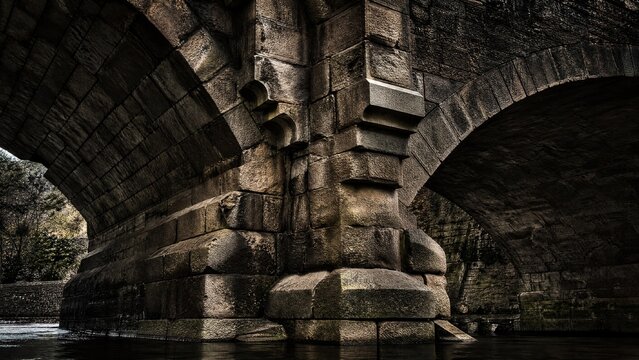Underside of an ancient stone arch bridge with massive interlocking blocks and dramatic light.