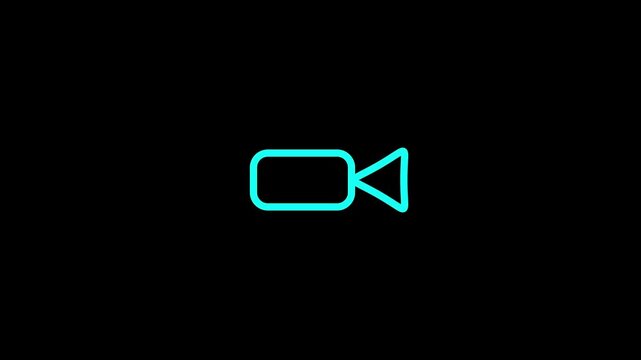 Cyan neon light style camera isolated on a black background for digital media interface and recording status indicator
