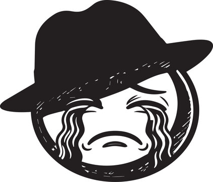 Sad Crying Emoji wearing a Fedora Hat Black and White Sketch Vector
