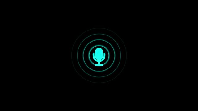 A glowing cyan microphone centered within a circular ring on a dark black background symbolizing voice input and audio recording technology interface
