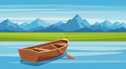 Serene Mountain Landscape Vector Illustration Featuring A Wooden Rowboat Floating On Calm Water For A Peaceful Nature Scenic Background Design © Purnomo Semlirick