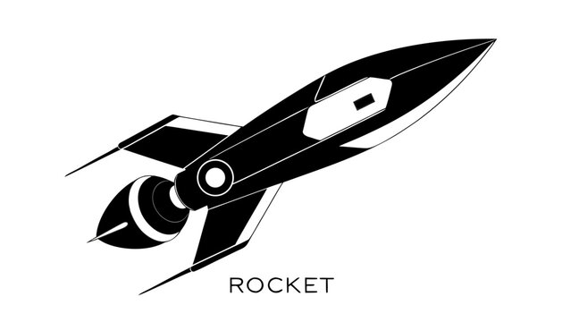 Very beautiful black and white realistic vector illustration of a ROCKET featuring advanced propulsion systems, sleek aerospace engineering, and modern space exploration styling, isolated on white bac