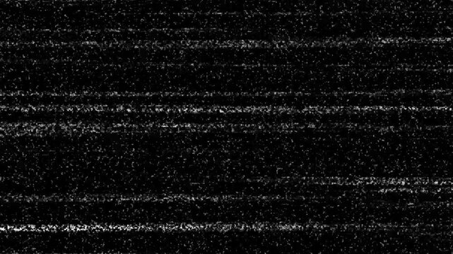Analog television signal interference with horizontal scan lines and grainy black and white noise texture on a dark screen background display