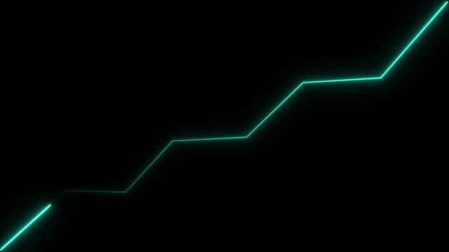 Glowing cyan neon line graph moving upwards in a zigzag pattern against a solid black background representing growth and financial data trends