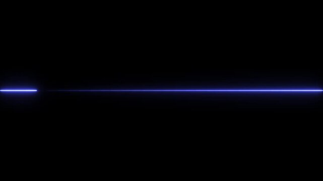 A single glowing blue neon horizontal line segment isolated on a solid black background creating a simple minimalist light effect for digital
