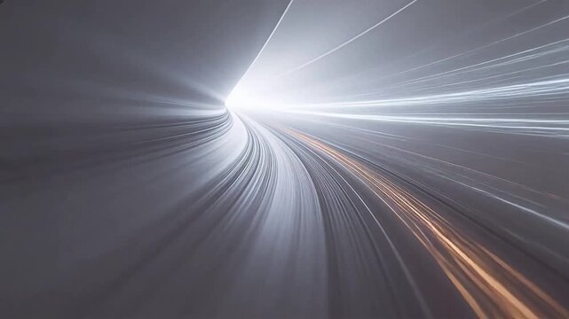 Curved highway with motion light trails and deep spatial perspective in modern tunnel