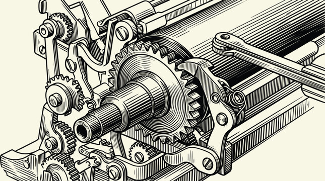 Vintage mechanical gear engine vector illustration diagram closeup.