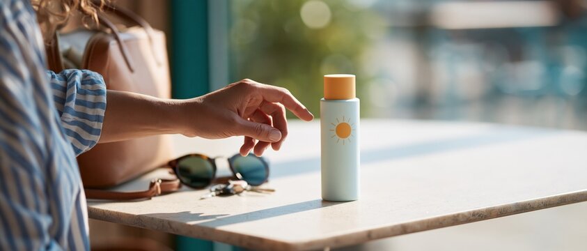 Hand reaching for sunscreen bottle on table