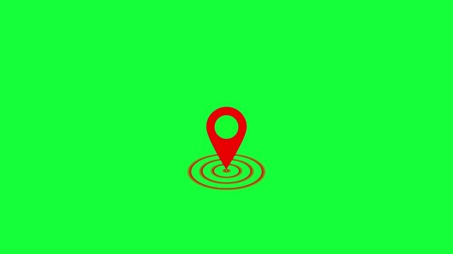 A red map location pin marker with a circular ripple effect isolated on a green background for navigation and geographic data visualization