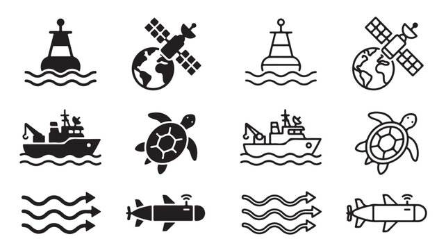 Marine Navigation Icons With Satellite And Sea Creatures For Ecology Concepts on a transparent background