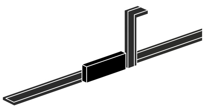 Industrial metal bracket, T-shaped clamp, steel hardware, mechanical part, black and white vector