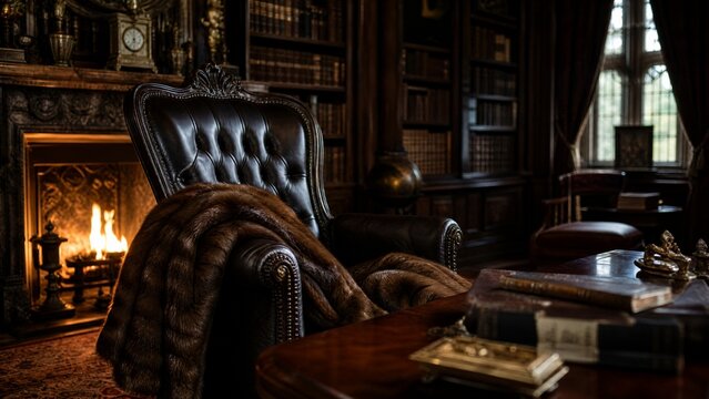 Private library in an ancient manor with a fireplace, a sable stole on a high-backed chair.