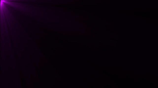 Intense purple lens flare originating from the left corner with soft light rays spreading across a solid black background for overlays