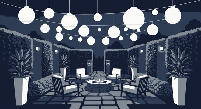 Outdoor patio with fire pit and string lights at night.