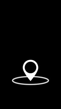 Animated location pin symbol with strong contrast and minimal design, suitable for travel apps, route guidance, destination highlights, and spatial search visuals