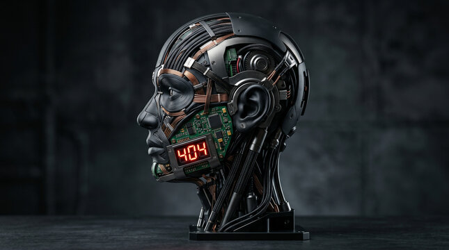 Cyborg head displaying 404 error code in dark laboratory setting