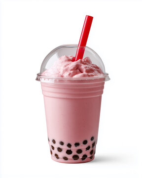 A strawberry bubble tea in a plastic cup with a red straw and lid