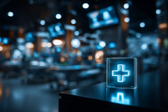 A glowing blue plus sign illuminated with light, in front of a blurred background of a modern medical facility