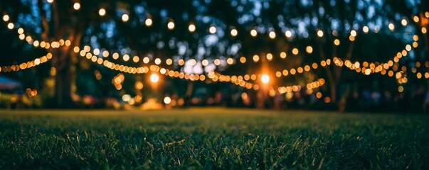 Fototapeta premium Close-up of fresh green grass with bokeh string lights glowing warmly in blurred background at an outdoor evening event, concept for festive celebrations, wedding decor and garden parties