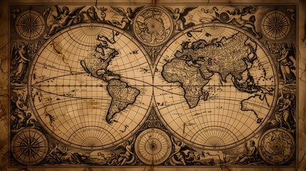 Naklejka premium Antique world map showing detailed continents with decorative angels and vintage compass rose art elements