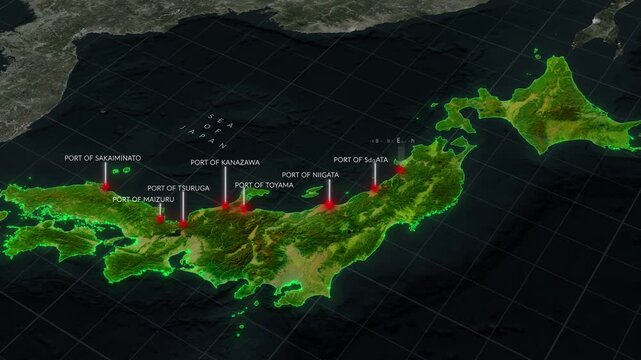 Japan Sea Coast Major Natural Ports Map Animation, Sea of Japan Harbor Network on Honshu and Hokkaido in 4K