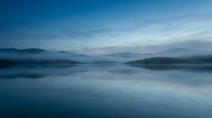Fototapeta premium Serene landscape of a calm lake with misty mountains at dawn