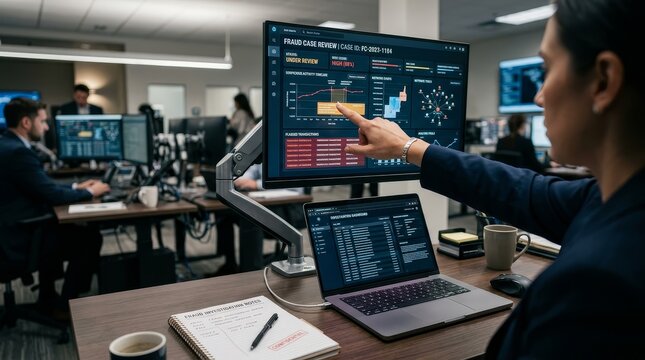 Hand pointing at fraud review dashboard on computer monitor